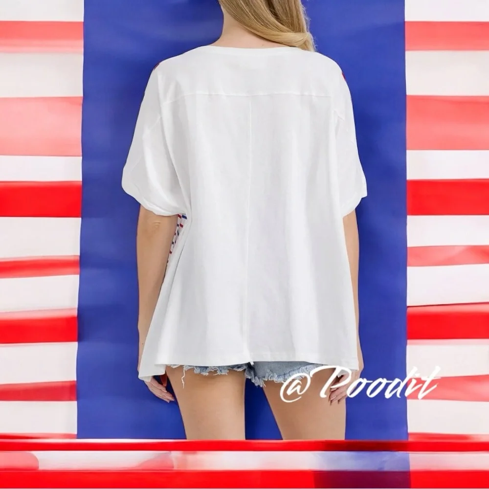 FANTASTIC FAWN patriotic striped sequin oversized tee S M L - Picture 4 of 8
